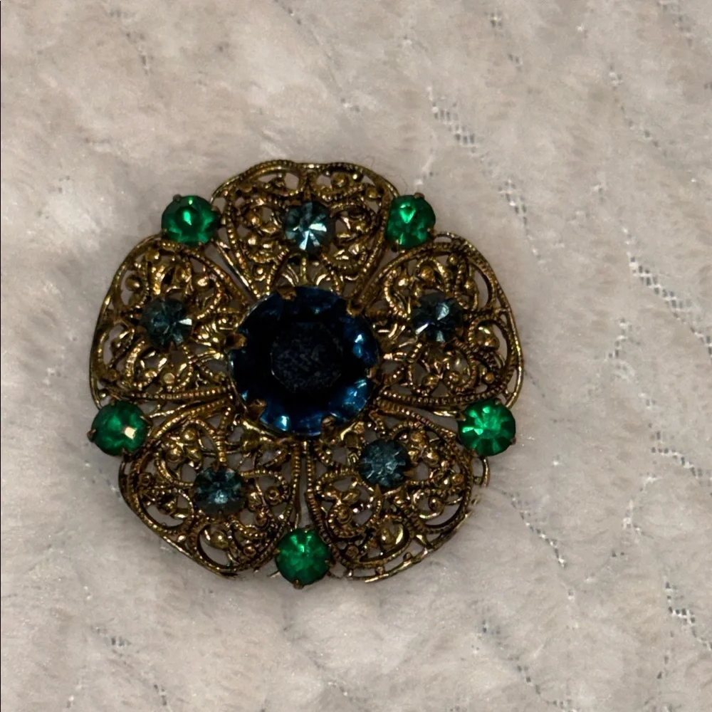 Antique Czech Filigree Flower Brooch Blue and Emerald Rhinestones Vintage